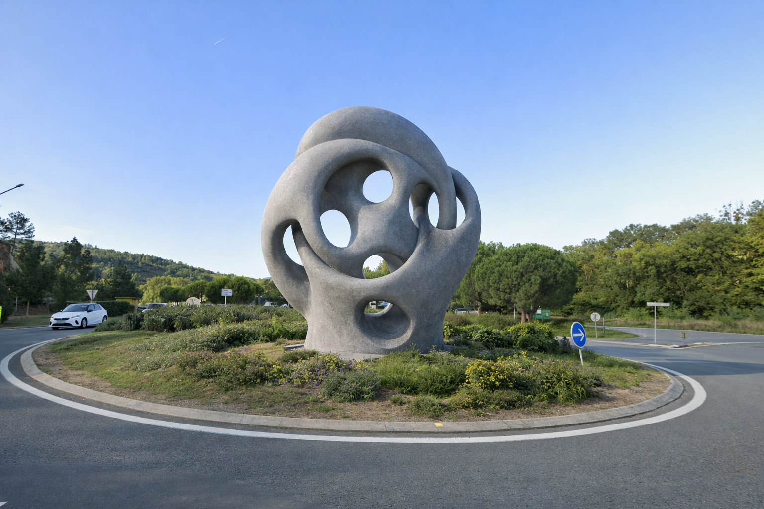 Composition graphique circulaire évoquant un rond-point et un nœud.